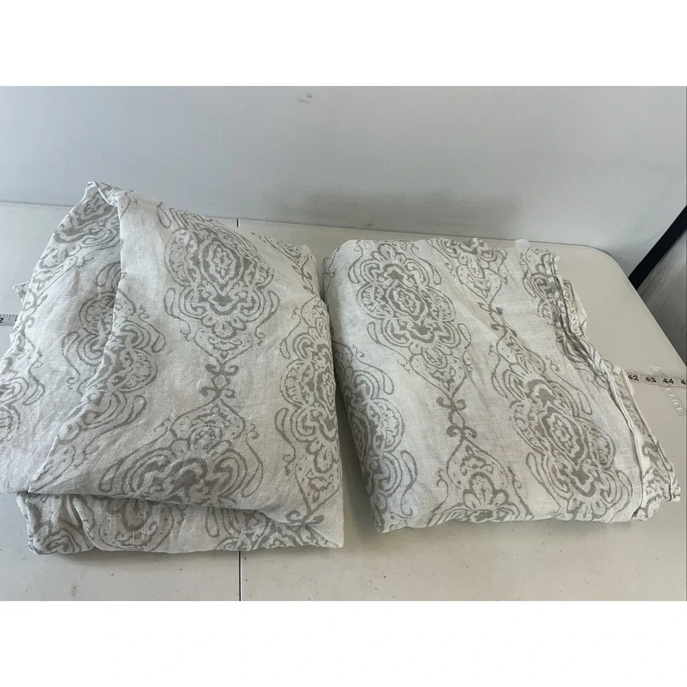 2 Pottery Barn Linen Sheer Curtain Panels White Grey Damask paisley 50